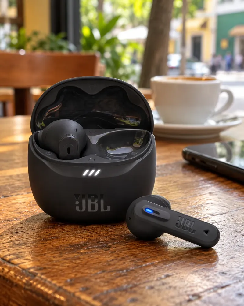 Estojo aberto do JBL Tune Flex 2 preto na mesa de um café, com uma xícara e um celular fora de foco