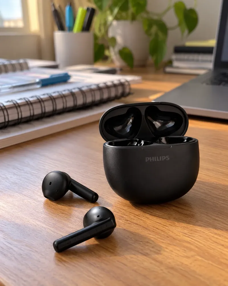 Estojo do Philips TAT1139 preto numa escrivaninha de estudante, com cadernos fora de foco