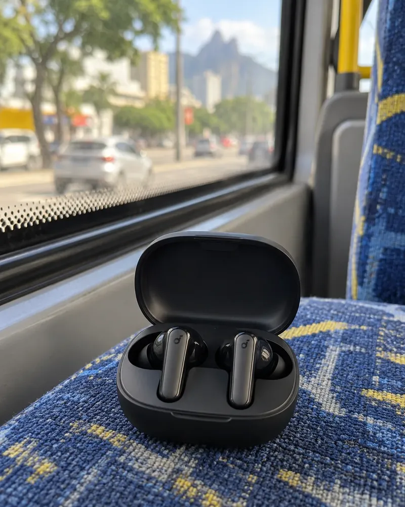 Estojo do soundcore P20i no banco de um ônibus, com a janela e a rua fora de foco